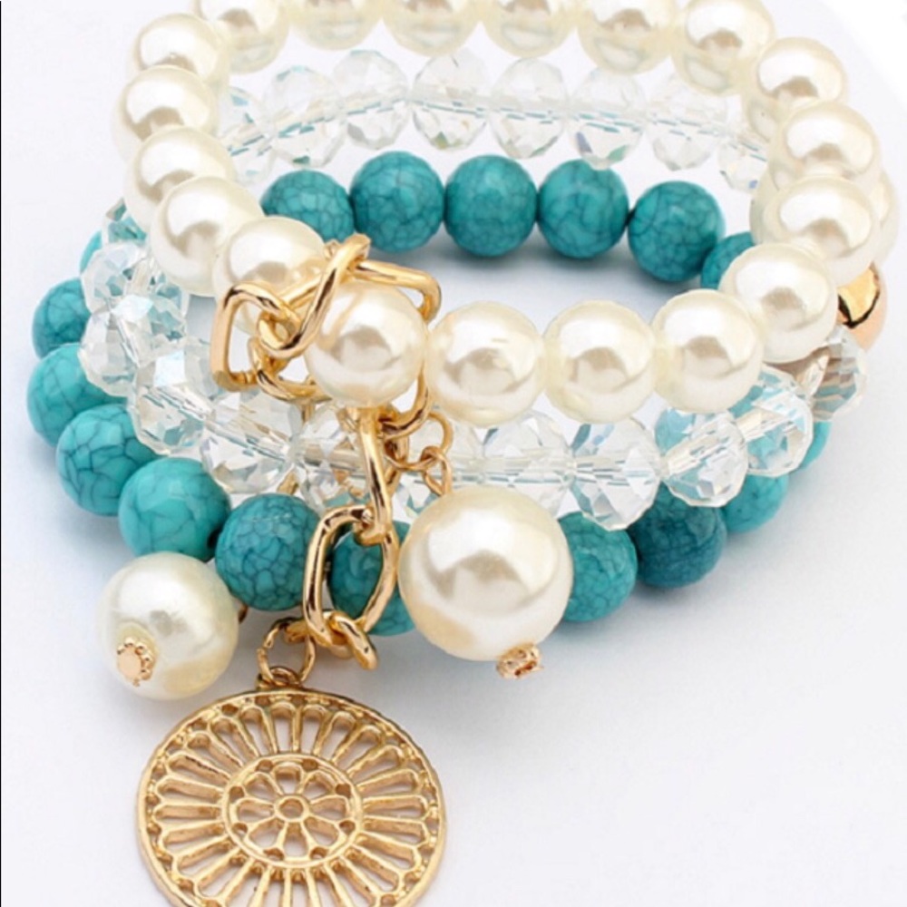 Turquoise Charm Pearl Stretch Bracelet New
